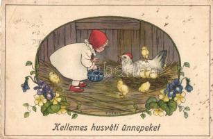 Kellemes húsvéti ünnepeket! / Easter greeting card, chicken, children, Erika Nr. 2037. s: Pauli Ebner (EK)