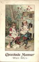 Chocolade Manner, Manners reiner Cacao. Wien XVII/3 / Viennese chocolate advertisement, children with rabbits and dog. litho (EB)