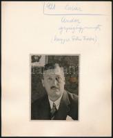 cca 1936 Lázár Andor (1882-1971) igazságügy-miniszter, papírlapra ragasztott fotó, foltos, felirattal, 11×8 cm