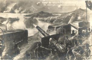Kampf der türkischen Dardanellenforts gegen die vereinigte englisch-französische Flotte / WWI Naval battle of the Turkish Dardanelles, K.u.K. military forts against the united Anglo-French fleet s: Willy Stöwer