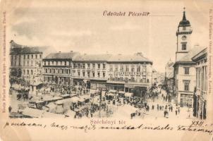 1899 Pécs, Széchenyi tér, piac, Günsberger Mór üzlete, Szálloda a Nádorhoz, férfi és gyermek divatáruház