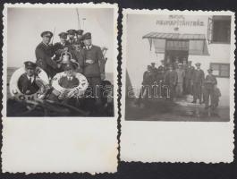 1935 A Siófoki Révkapitányság tisztjei az épület előtt és a Jókai hajón, 2 db fotó, 8×6 cm