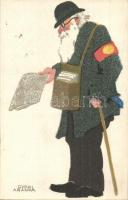 Budapesti alakok sorozat. Újságárus. Készültek az Orsz. M. kir. Iparművészeti Iskolában, kiadja a Magyar Földrajzi Intézet rt. / Ungarische Werkstätte. Hungarian art postcard. s: Győri Aranka