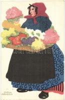 Budapesti alakok sorozat. Készültek az Orsz. M. kir. Iparművészeti Iskolában, kiadja a Magyar Földrajzi Intézet rt. / Ungarische Werkstätte / Hungarian art postcard. s: Győri Aranka