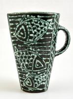 Iparművészeti Vállalatos Gorka Lívia türkiz-fekete váza, mázas kerámia, jelzett, m 20 cm