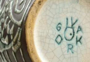 Iparművészeti Vállalatos Gorka Lívia türkiz-fekete váza, mázas kerámia, jelzett,  m 20  cm