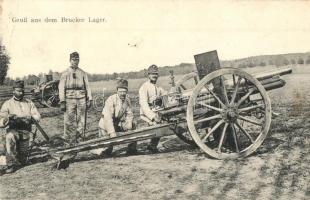Lajtabruck, Bruck and der Leitha; Brucker Lager / military training filed, cannon, K. u. K. soldiers (EK)