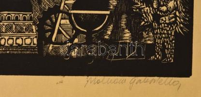 Molnár Gabriella(1940-): Világkép. Fametszet, papír, jelzett, felcsavarva, 50×37 cm