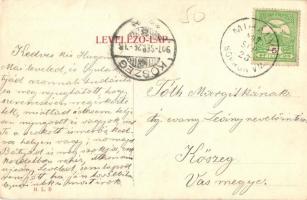 1907 Budapest V. Pesti rakpart, Szent Gellért-hegy az Erzsébet híddal, villamos. Távirat, drótüdvözl...