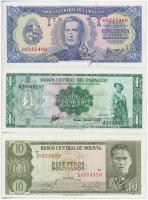6db-os vegyes dél-amerikai bankjegy tétel, benne Argentína, Paraguay, Uruguay, Bolívia T:I,I-
6pcs ...