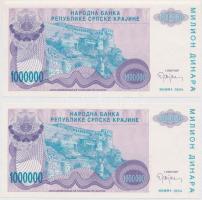 Horvátország / Krajna Szerb Köztársaság 1994. 1.000.000D (2x) mindkettő elcsúszott sorozatszámmal, a...