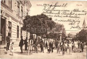 1909 Siófok, Piac tér, M. kir. Posta hivatal, Freud Imre üzlete, talicska. Kiadja Weisz Lipót (ázott sarok / wet corner)