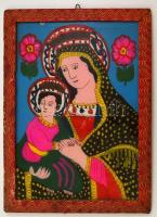 Jelzés nélkül: Erdélyi festett üveg ikon (Mária kis Jézussal), fa keretben, 26,5×37,5 cm