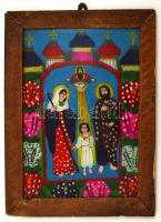 Jelzés nélkül: Erdélyi festett üveg ikon (Szent család), fa keretben, 26,5×37,5 cm