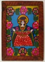 Jelzés nélkül: Erdélyi festett üveg ikon (Nagyboldogasszony), fa keretben, 26,5×37,5 cm