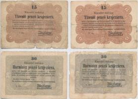 1849. 15kr (2x) + 30kr (2x) Kossuth bankó T:III-,IV