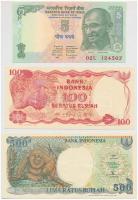 Indonézia 1984. 100R + 1992. 500R + India 2002. 5R T:I Indonesia 1984. 100 Rupiah + 1992. 500 Rupiah + India 2002. 5 Rupiah C:UNC