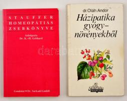 2 db könyv: Oláh Andor: Házipatika gyógynövényekből. Debrecen, 1989, Planétás.; Schlegel, Martin: Stauffer homeopátiás zsebkönyve. Bp., 1992, Gondolat - Sarkadi. Papírkötésben, jó állapotban.