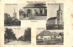 Sáromberke, Scharnberg, Dumbravioara; Református templom, Posta hivatal, Római katolikus templom, utcakép, Állami iskola. Kiadja Kántor fényképész / Calvinist church, post office, Catholic church, street view, school (fl)
