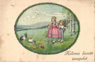 Kellemes húsvéti ünnepeket! / Easter greeting card, rabbits, children, Erika Nr. 2040. s: Pauli Ebner (fl)