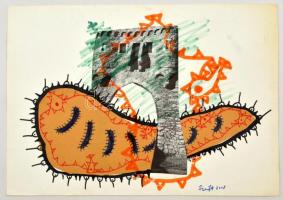 Szeift Béla (1944-2012): Faltörő kos, kollázs, vegyes technika, papír, jelzett, 23×33 cm