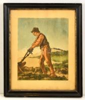 Barta Ernő (1878-1956): Szántó fiú. Színes litográfia, papír, jelzett, üvegezett keretben, 29×23 cm