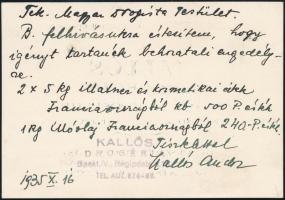 1935 Kallós Drogéria reklámlapja, a hátoldalon Magyar Drogista Testület részére írt behozatali enged...