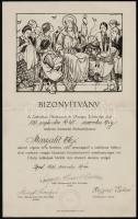 1938 Katolikus Háziasszonyok Országos Szövetsége főzőtanfolyamának oklevele, Szegedy-Maszák Aladárné, Stumpf Károlyné és Héjjas Pálné aláírásaival, pecséttel