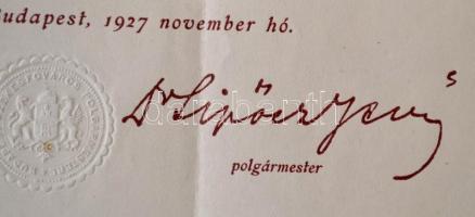 1927 Köszönetnyilvánító oklevél Budapest Székesfőváros Tanácsa által, Kousz Nándor (Szávai Nándor (1...
