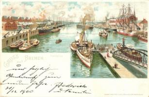 1900 Bremen, Freihafen / port with ships. Kunstanstalt v. H.A. J. Schulz litho