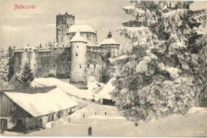 Nedec, Niedzica (mai Lengyelország); Zamek / Schloss / vár télen, hátoldalon meghívó őzvadászatra / castle in winter, invitation to hunt deer on the backside (EK)