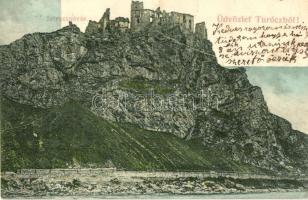 1908 Sztrecsnó, Sztrecsény, Strecno (Ruttka, Vrútky); Vár romladék a Vágnál, Sztrecsnói vár / Burgruine Strecsno a.d. Waag / castle ruins by River Váh / Strecniansky zámok, Povazie (gyűrődés / crease)