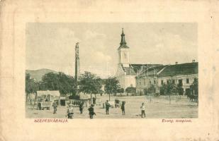 Szepesváralja, Kirchdrauf, Spisské Podhradie; Evangélikus templom, Mária oszlop, piaci árusok, üzlet. W. L. Bp. 2773. / Lutheran church, Mary statue, market vendors, shop (EK)