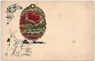 Körmöcbánya, Kremnitz, Kremnica; Szeiler féle Patent fémplaketten a vártemplom és a Szentháromság szobor. Szeiler József dombornyomása és kiadása / castle church, Trinity statue. Emb. (fa)