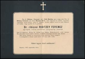 1915 Dr. ribicei Ribitzey Ferenc Bresztlitovszknál elhunyt önkéntes kadettőrmester, gépfegyverosztag parancsnok halálozási értesítője, kissé szakadt