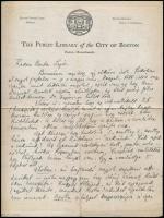 Haraszti Zoltán (1892-1975) könyvtáros, író, szerkesztő saját kézzel írt levele Barta Lajos (1878-1964) író részére, a bostoni városi könyvtár fejléces papírján.