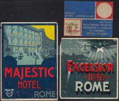 12 db bőröndcímke (Hortobágyi Csárda, Albergo Universo Roma, Majestic Hotel Rome, stb.)