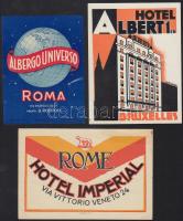 12 db bőröndcímke (Hortobágyi Csárda, Albergo Universo Roma, Majestic Hotel Rome, stb.)