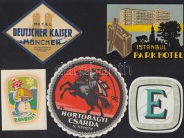 12 db bőröndcímke (Hortobágyi Csárda, Albergo Universo Roma, Majestic Hotel Rome, stb.)