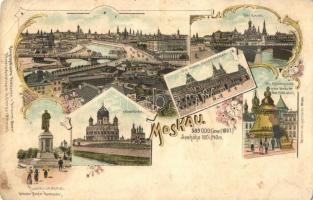 Moscow, Moskau, Moscou; Erlöserkirche, Der Kreml, Puschkin-Denkmal, Die oberen Handelsreihen, Die Kaiserglocke / Cathedral of Christ the Saviour, Kremlin, Pushkin statue, Tsar Bell (Tsar Kolokol). Art Nouveau, floral, litho (EK)