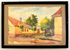 Guzsik jelzéssel: falusi utcarészlet. Akvarell, papír, üvegezett keretben, 22×32 cm