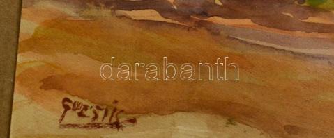 Guzsik jelzéssel: falusi utcarészlet. Akvarell, papír, üvegezett keretben, 22×32 cm