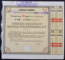 1946. "Urikány-Zsilvölgyi magyar Kőszénbánya-R.T." öt darab részvényelismervénye egyenként...
