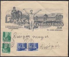 1943 Szt. Lukács Gyógyfürdő Rt. díszes fejléces levélboríték, Diósgyőri vasgyárnak címezve