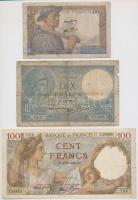 Franciaország 1939-1942. 10Fr + 100Fr + 1941-1949. 10Fr T:III,III- France 1939-1942. 10 Francs + 100 Francs + 1941-1949. 10 Francs C:F,VG