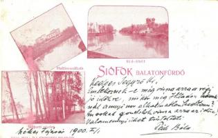 1900 Siófok, Balaton fürdő, Hullám szálloda, Sió öböl, gőzhajó, Sió parti sétány. Kiadja Weiss L. és F. (EK)