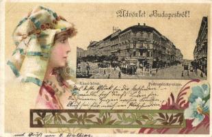 1900 Budapest VI. Váczi körút (ma Bajcsy Zsilinszky út) és Podmaniczky utca sarka, villamos. Art Nouveau litho lady