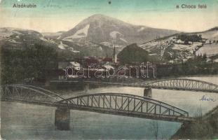 1914 Alsókubin, Dolny Kubín; híd, látkép a Chocs felé. Kiadja Neumann József / bridge, view to the Velky Choc mountain (fl)