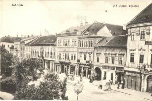 Kassa, Kosice; Fő utca, Beregi Sándor, Mildner Ferenc, Fleischer és Schirger üzlete. Kiadja Varga Bertalan / main street, shops