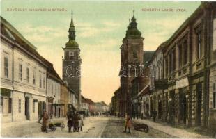 Nagyszombat, Tyrnau, Trnava; Kossuth Lajos utca, templom, üzletek. W. L. Bp. 706. / street view, church, shops